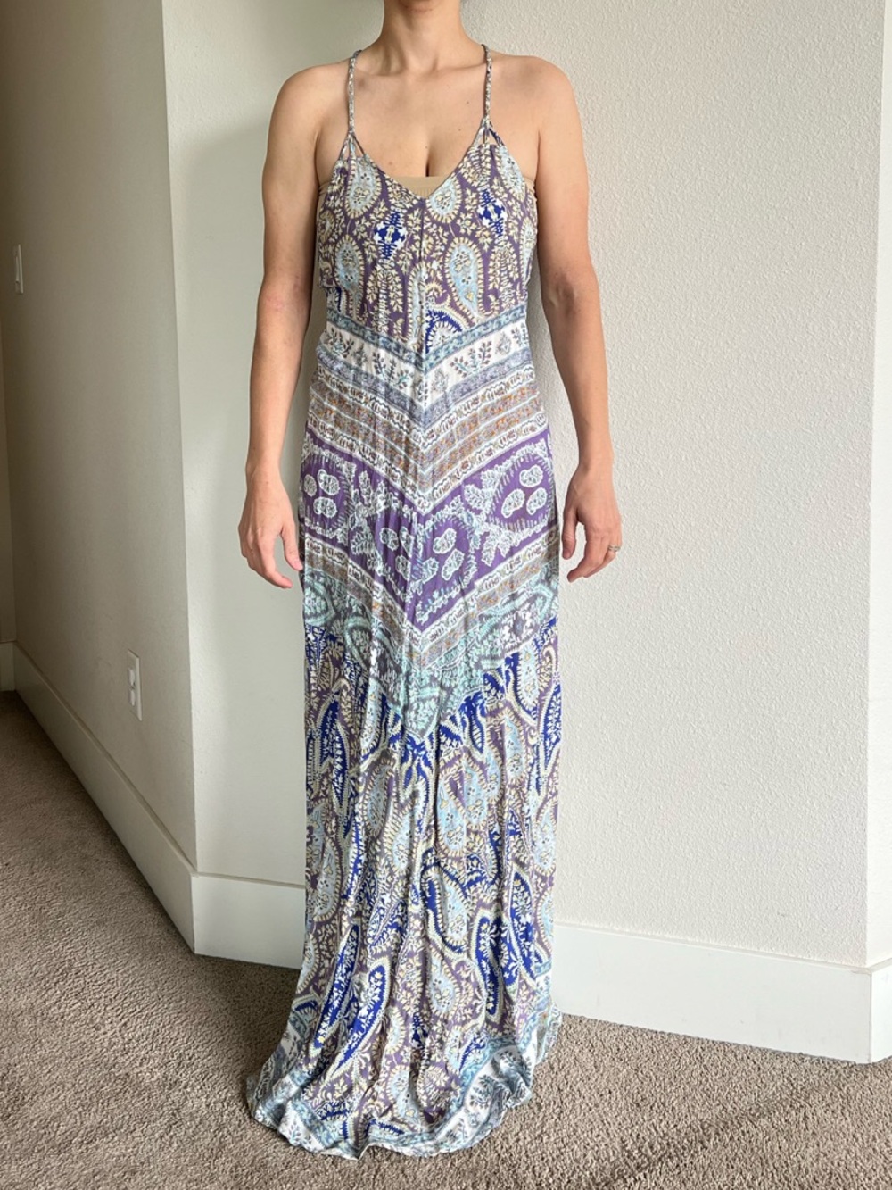 Boho Paisley Multi Color Strappy Flowy Maxi Dress